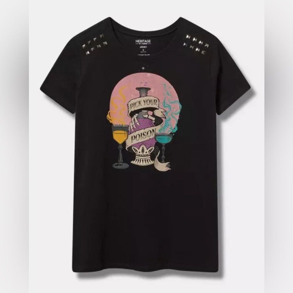 #x157 - Torrid Pick Your Poison Bottle Classic Fit Heritage Jersey Studded Tee